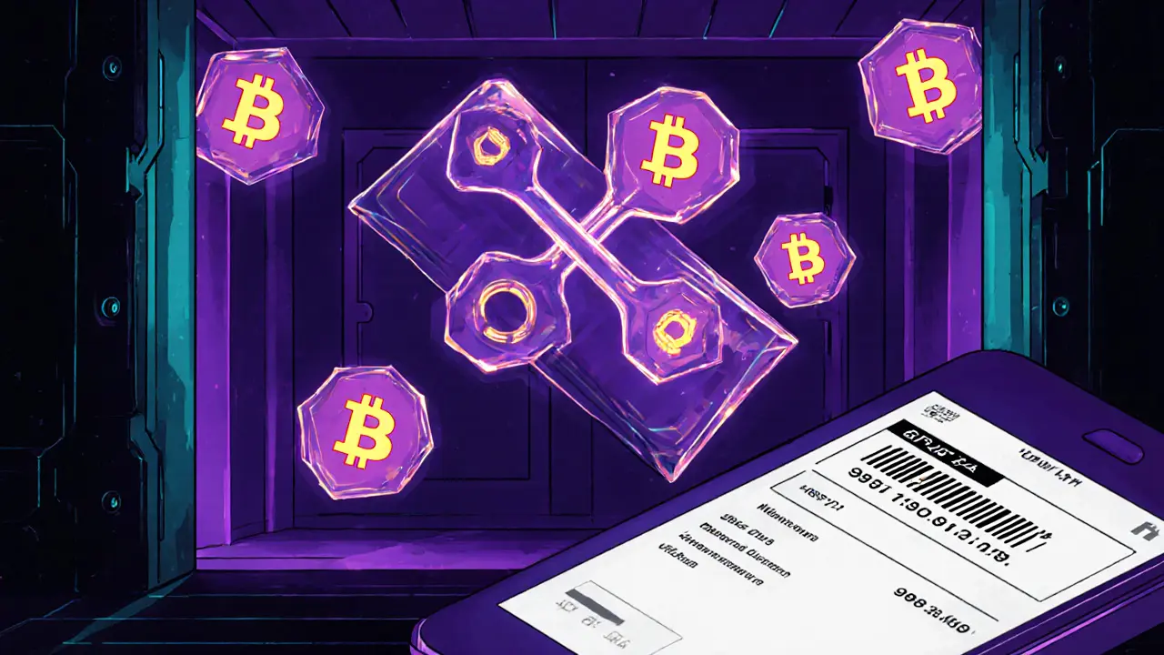 Futuristic vault with glowing crystals and intersecting keys representing security.