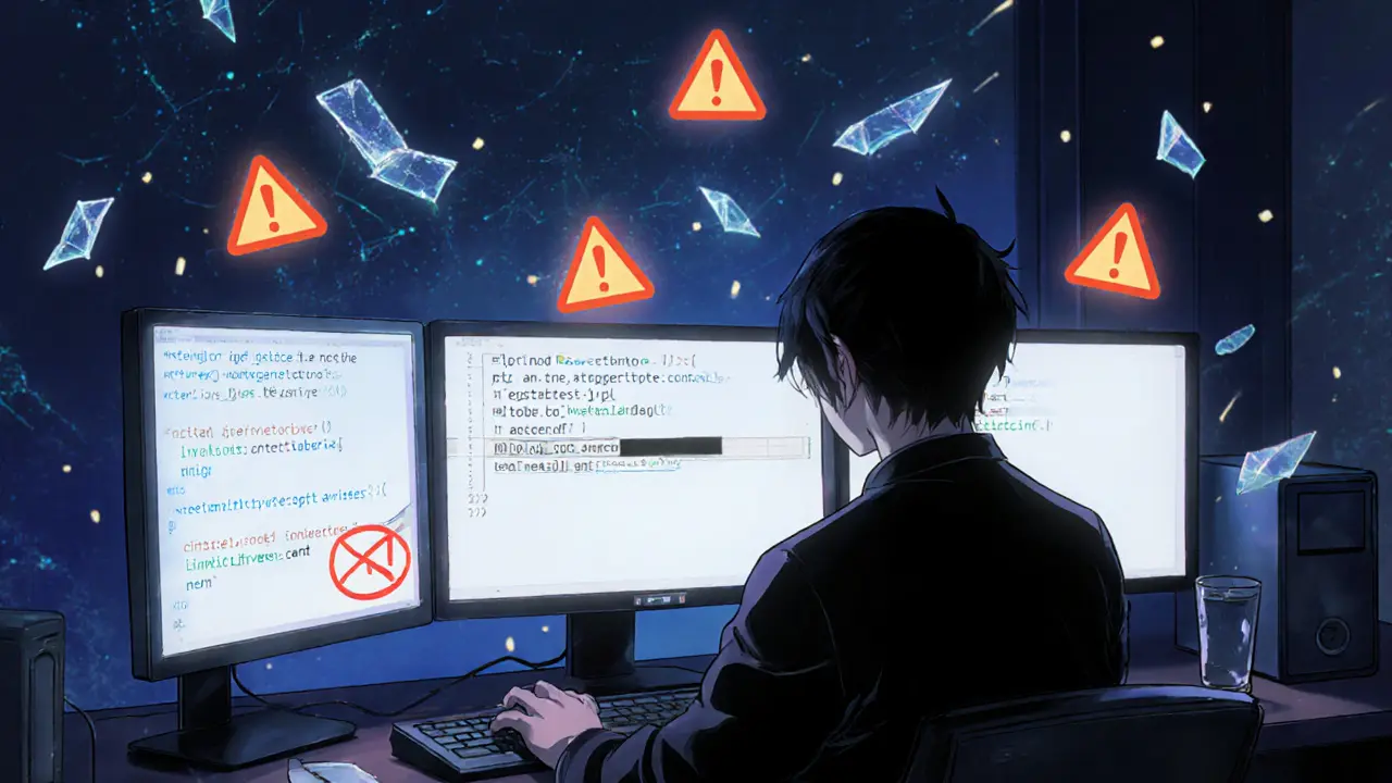 Investigator reviews obscure blockchain data amid warning symbols in a dark café.