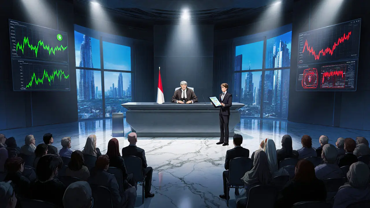 Manga courtroom scene with a specialist financial‑crimes judge and officials reviewing crypto compliance.