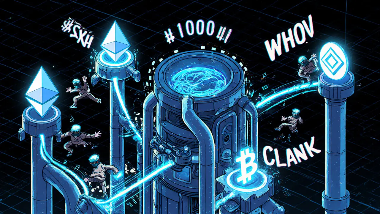 Manga hackers hop across glowing cross‑chain bridges into a mixing machine.