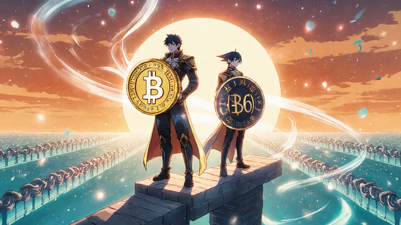 Manga heroes of SegWit and BIP66 standing on a unified blockchain chain.