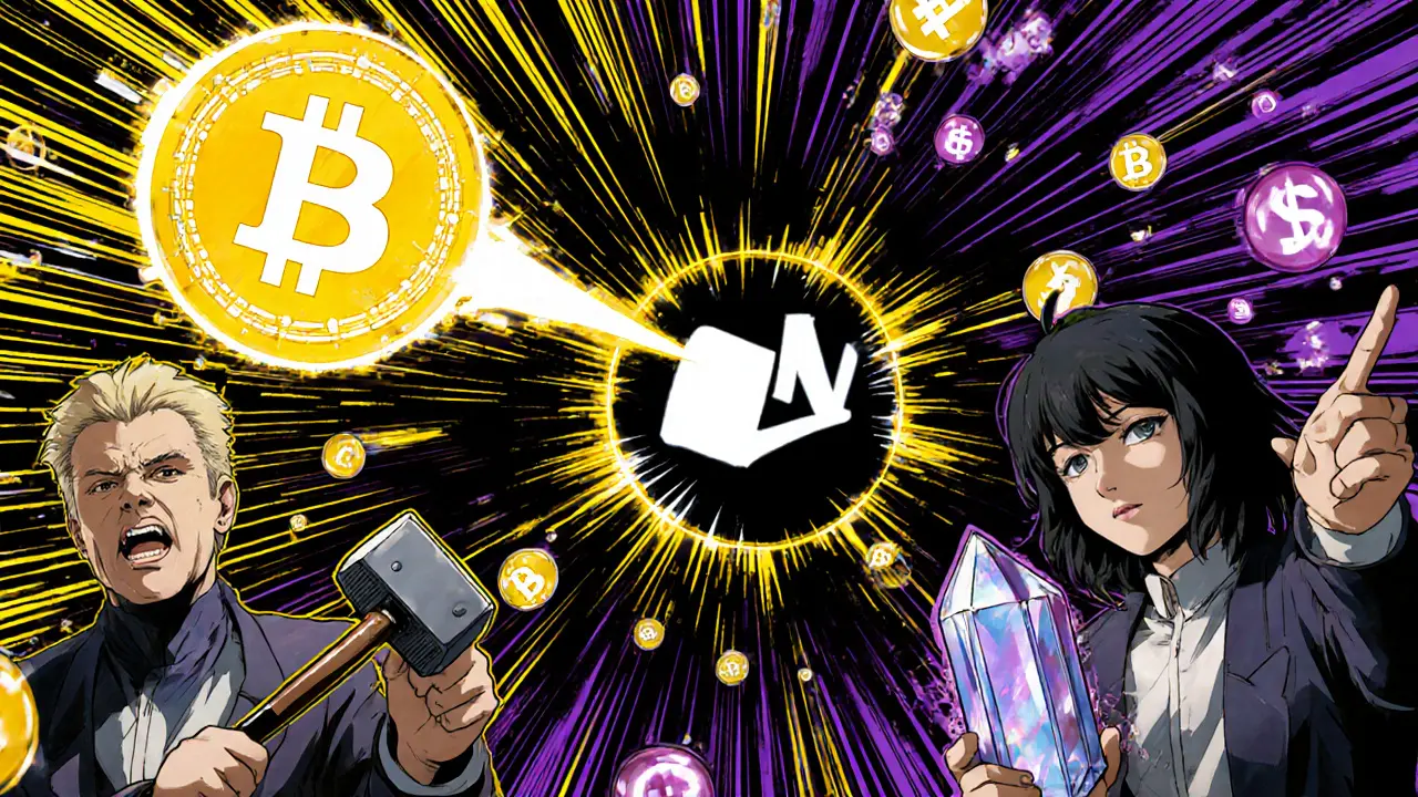Manga panel of a data packet spreading through avatars, showing PoW miner and PoS validator.
