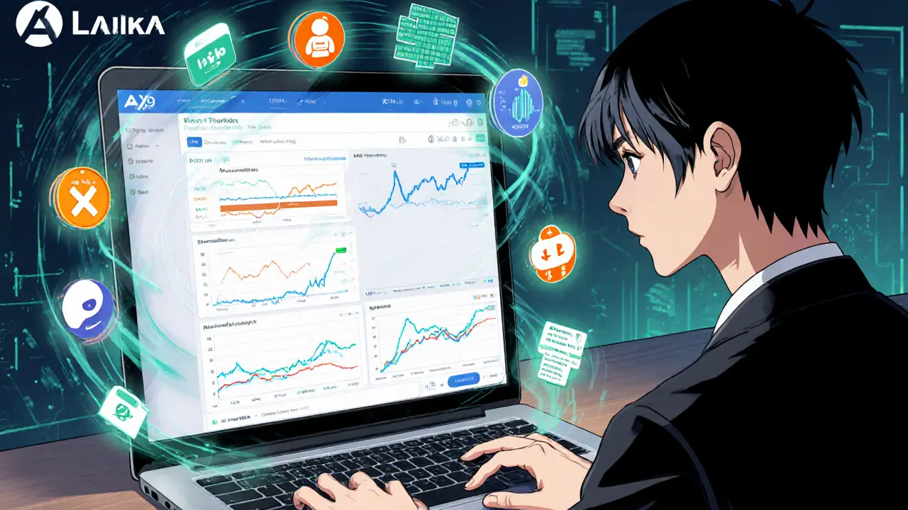Manga panel of AI chatbot displaying real-time blockchain data and sentiment icons.
