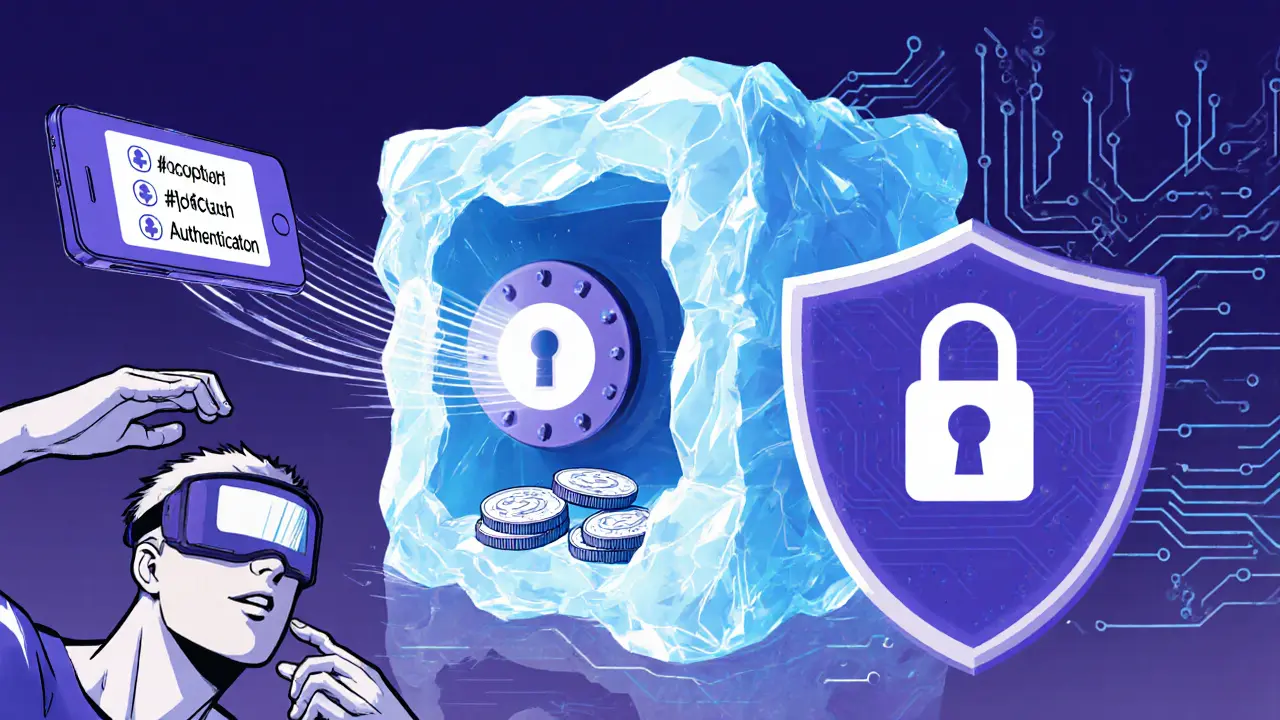 Manga panel showing security symbols: 2FA code, icy vault, shield with padlock, and circuitry.