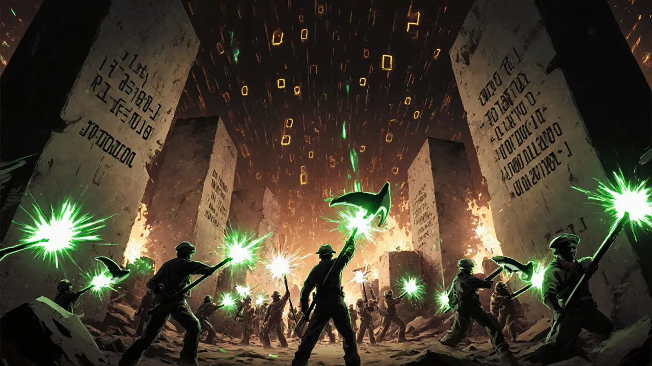 Manga scene of miners signaling with glowing flags to activate a soft fork.
