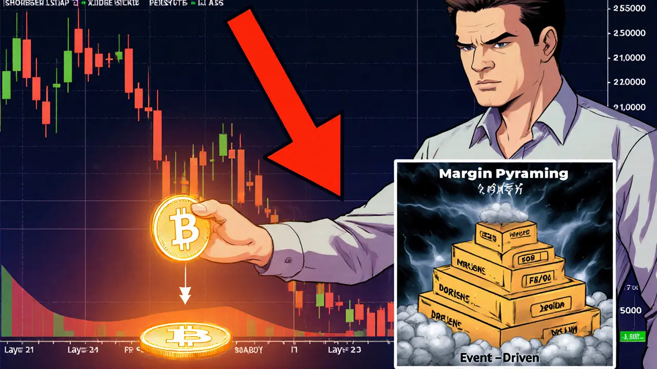 Manga trader short‑selling Bitcoin with falling chart and pyramiding profit layers.