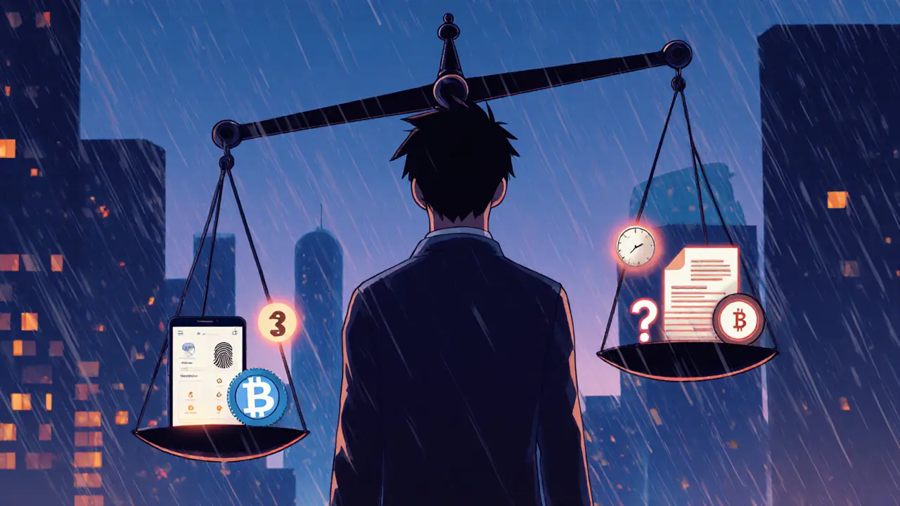 Protagonist weighing pros and cons on a scale with UI icons on one side and question marks on the other.