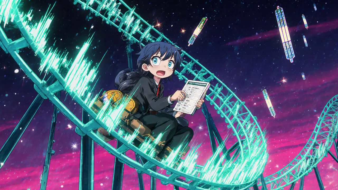 Roller‑coaster made of crypto charts with rider expressing excitement.