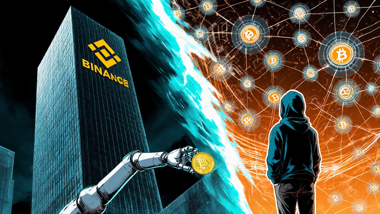 Split scene showing a centralized exchange tower versus decentralized node network.