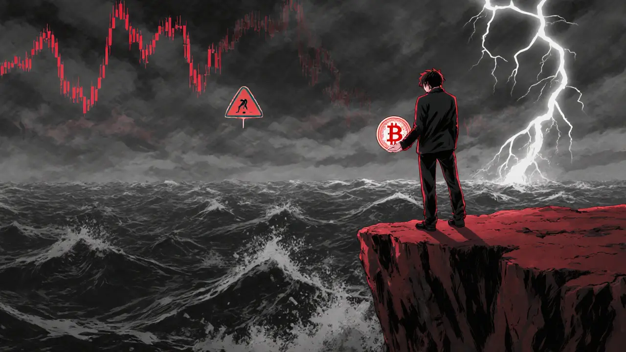 Trader overlooking volatile market, holding a cracked WSPP token under stormy sky.