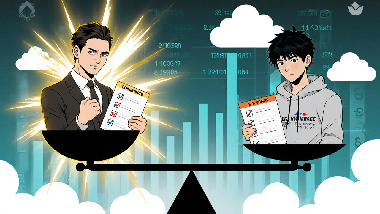 Two characters on a balance scale comparing major exchanges to AEN Exchange.