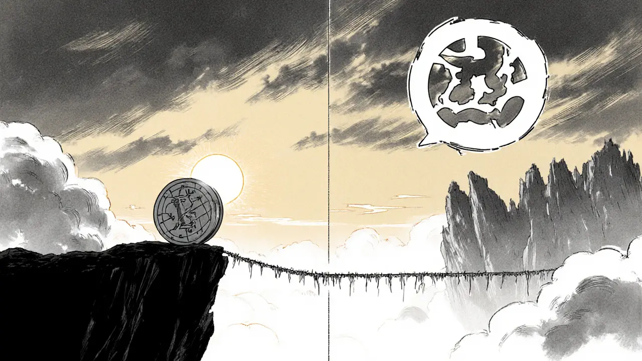 WICKED token on a cliff with stormy clouds, bridges to rival platforms, sunrise ahead.