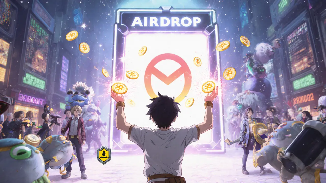 Anime character celebrating claim, surrounded by floating tokens and a virtual marketplace.