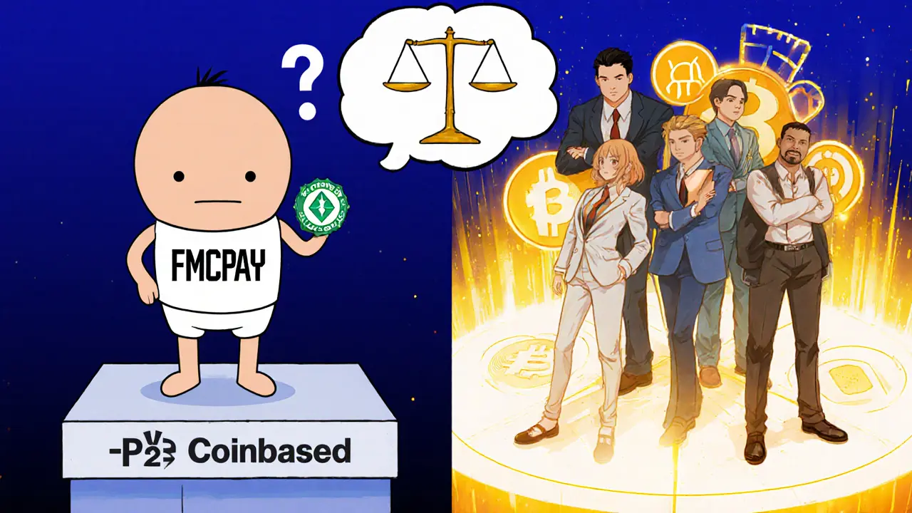 Comparison panel: FMCPAY on small platform versus Binance, Coinbase, Interactive Brokers on larger, secure platforms.