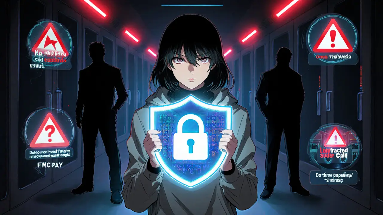 Cyber‑security analyst holds shield and MFA codes while shadowy audit warnings loom.