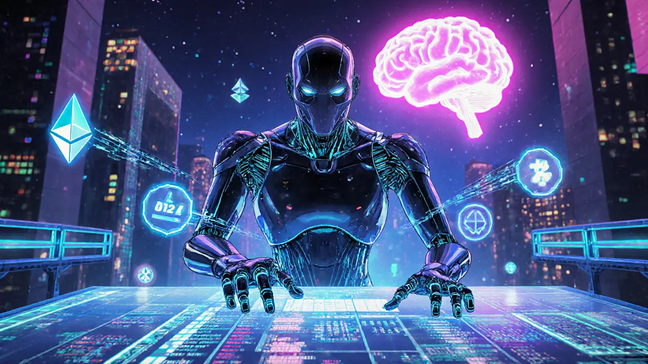 Futuristic anime scene of an AI hedging bot adjusting on-chain data with neon bridges between blockchains.
