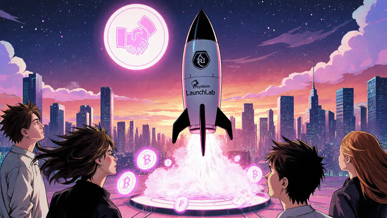 Futuristic manga scene of a LaunchLab rocket launching amid token symbols.