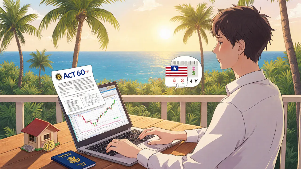 Investor on a Puerto Rican balcony reviewing crypto charts with Act 60 paperwork and a passport.
