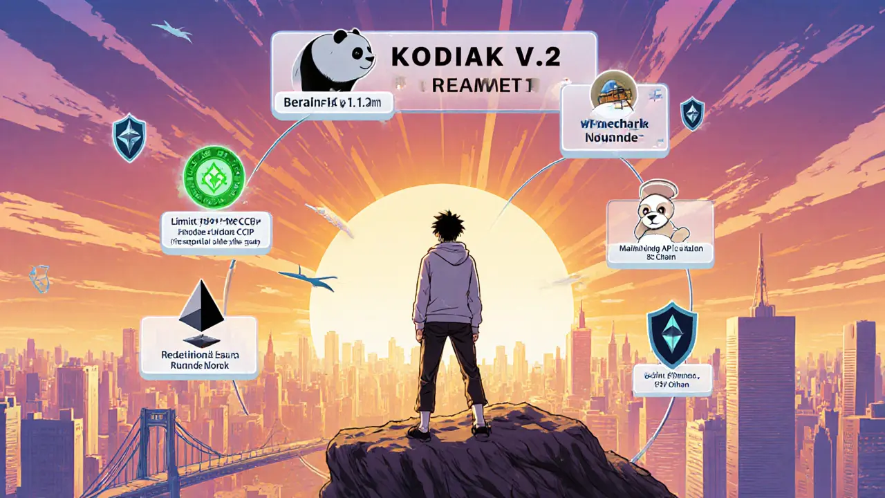 Manga artwork of Kodiak roadmap, mainnet launch, and cross‑chain bridges with hopeful users.