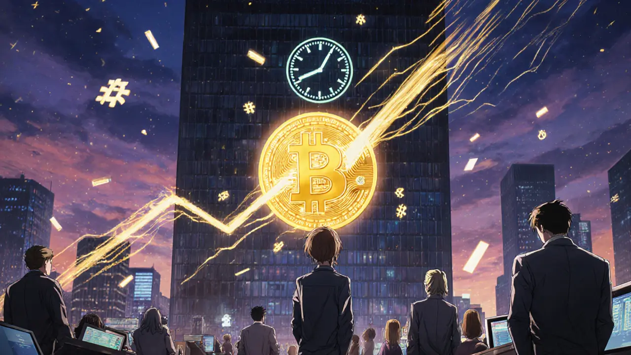 Manga depiction of a 2028 crypto trading floor with a giant countdown clock and rising price symbols.
