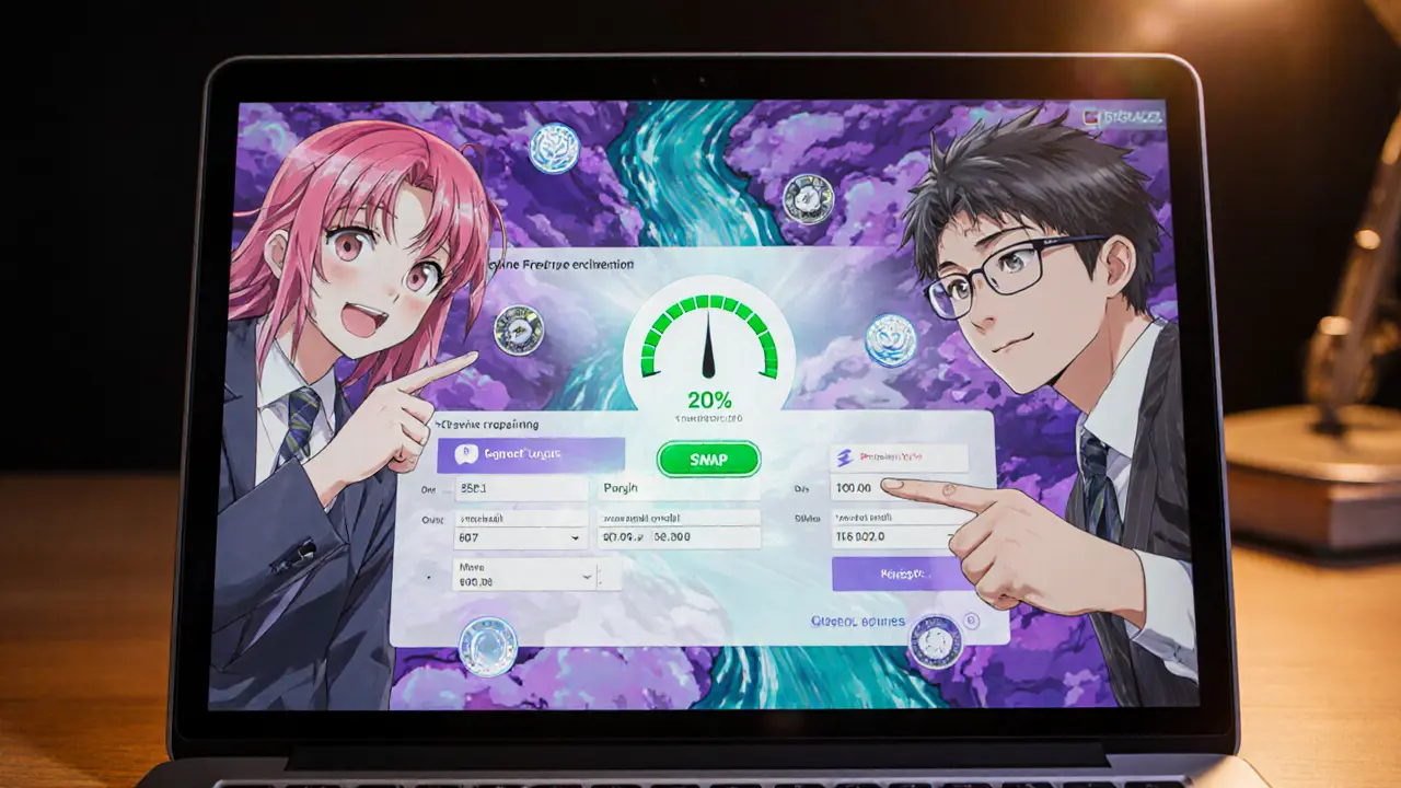 Manga illustration of FreeRiver DEX UI on a laptop with token swap and liquidity gauge.
