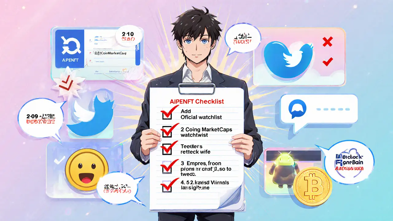 Manga panel checklist showing five APENFT airdrop qualification steps.