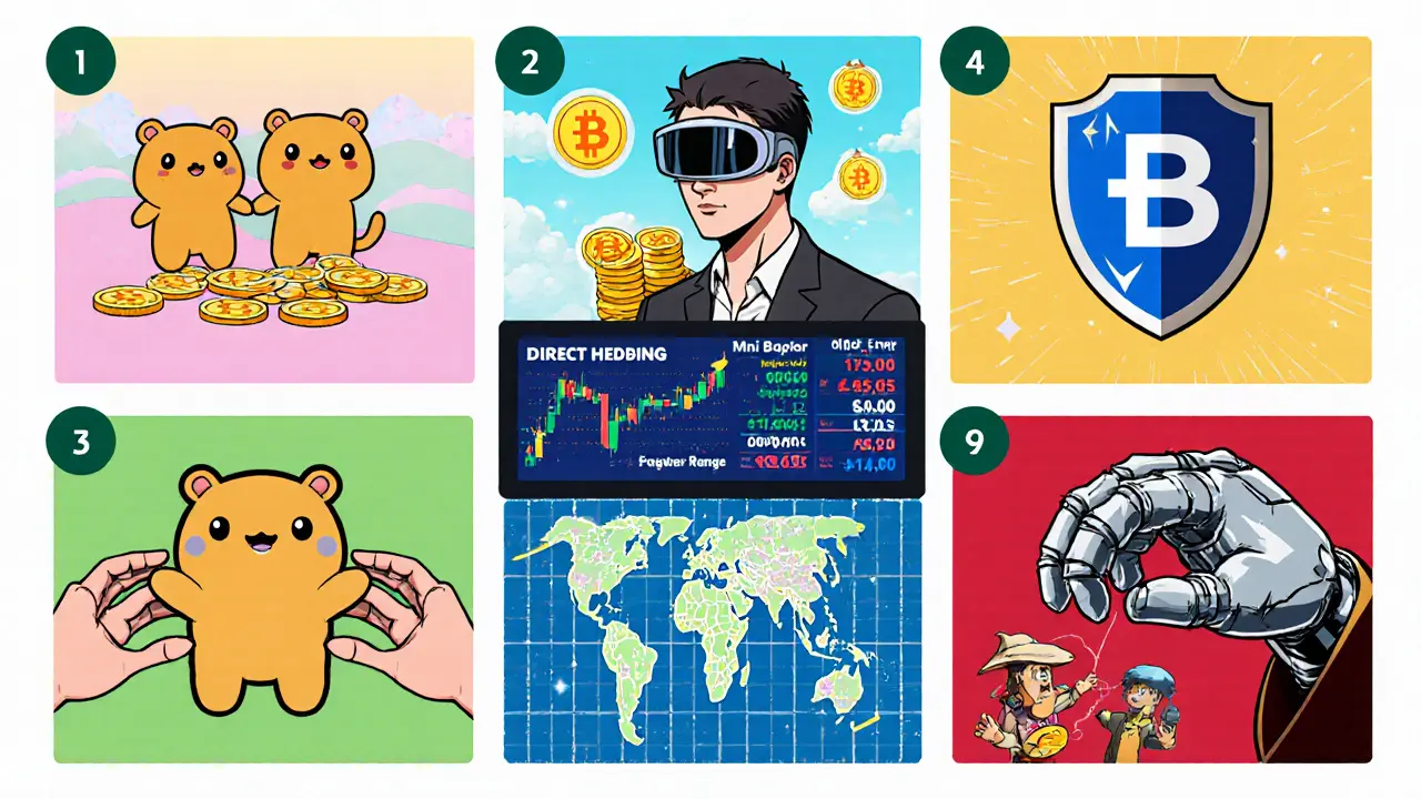 Manga panels depict seven hedging strategies as characters: stablecoins, trader, farmer, shield, portfolio map, wizard, robot.