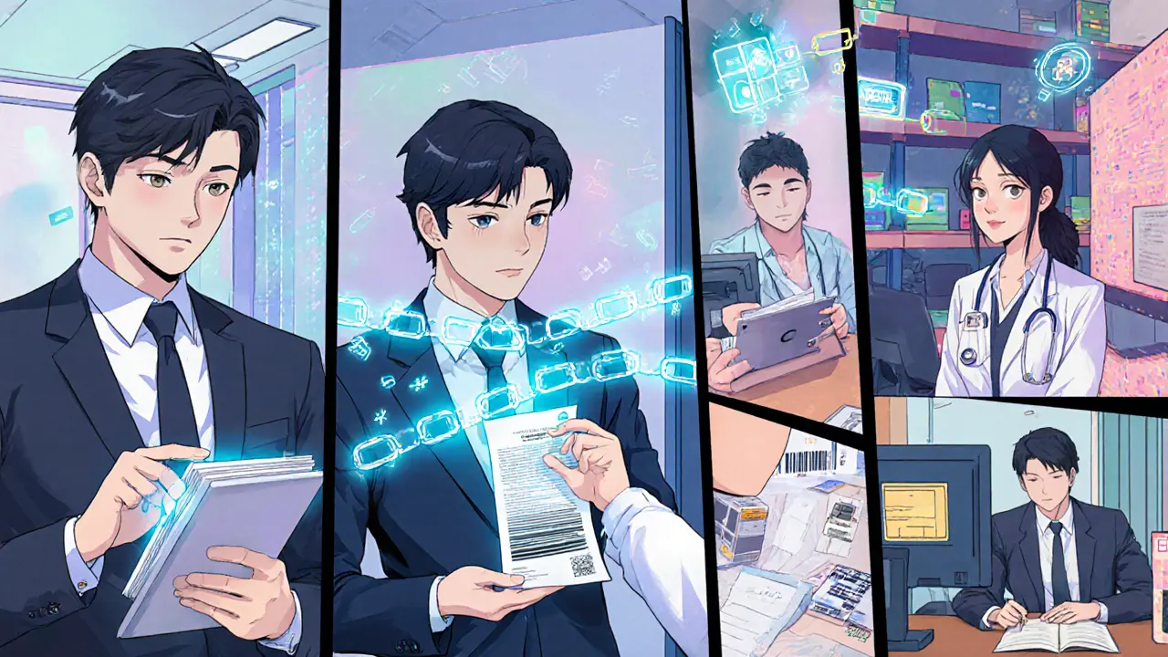 Manga panels show finance, healthcare, supply chain, legal, and government professionals using a blockchain chain.