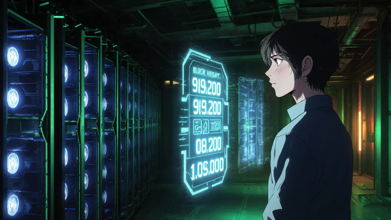Manga scene of a mining farm with neon miners and a holographic block height display.