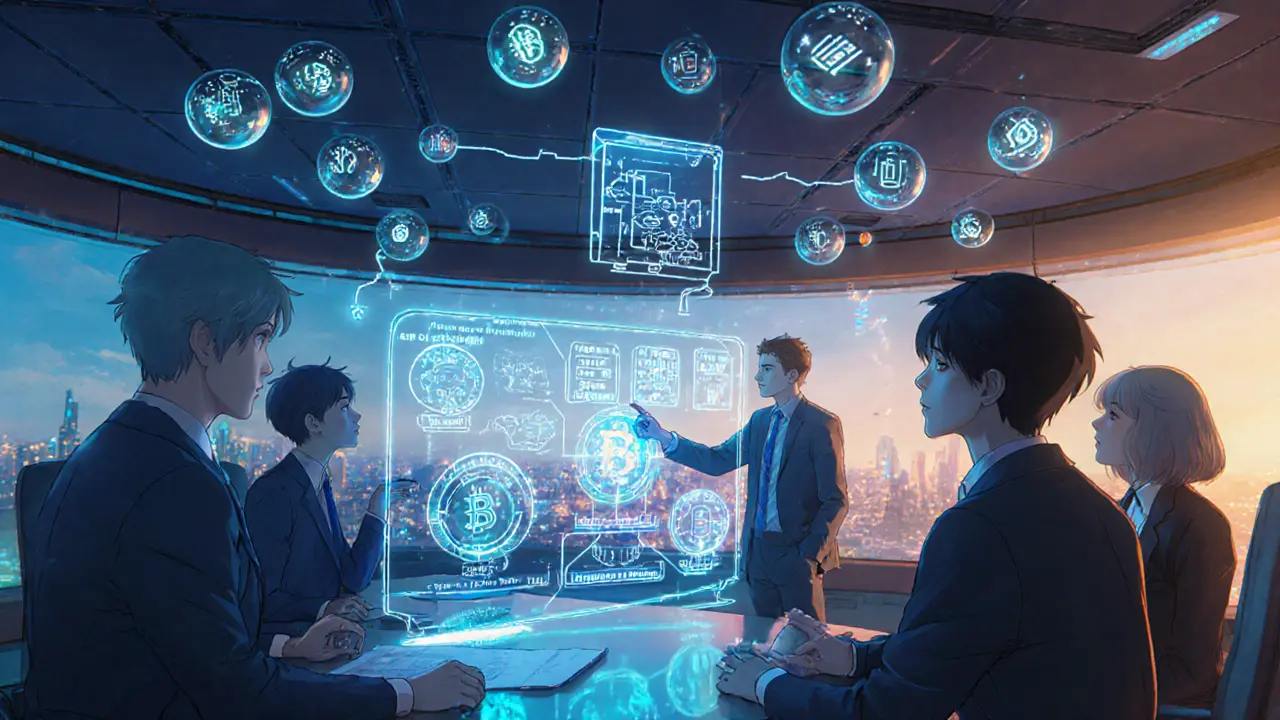 Manga scene of experts discussing blockchain governance with holographic charts in a high‑tech meeting.