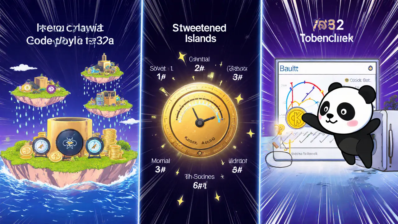 Manga split‑panel showing Islands liquidity manager, Sweetened Islands rewards, and Panda Factory token launch.