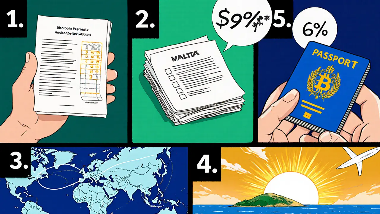 Manga-style checklist showing audit report, passport, flight routes, tax calculator, and sunrise.