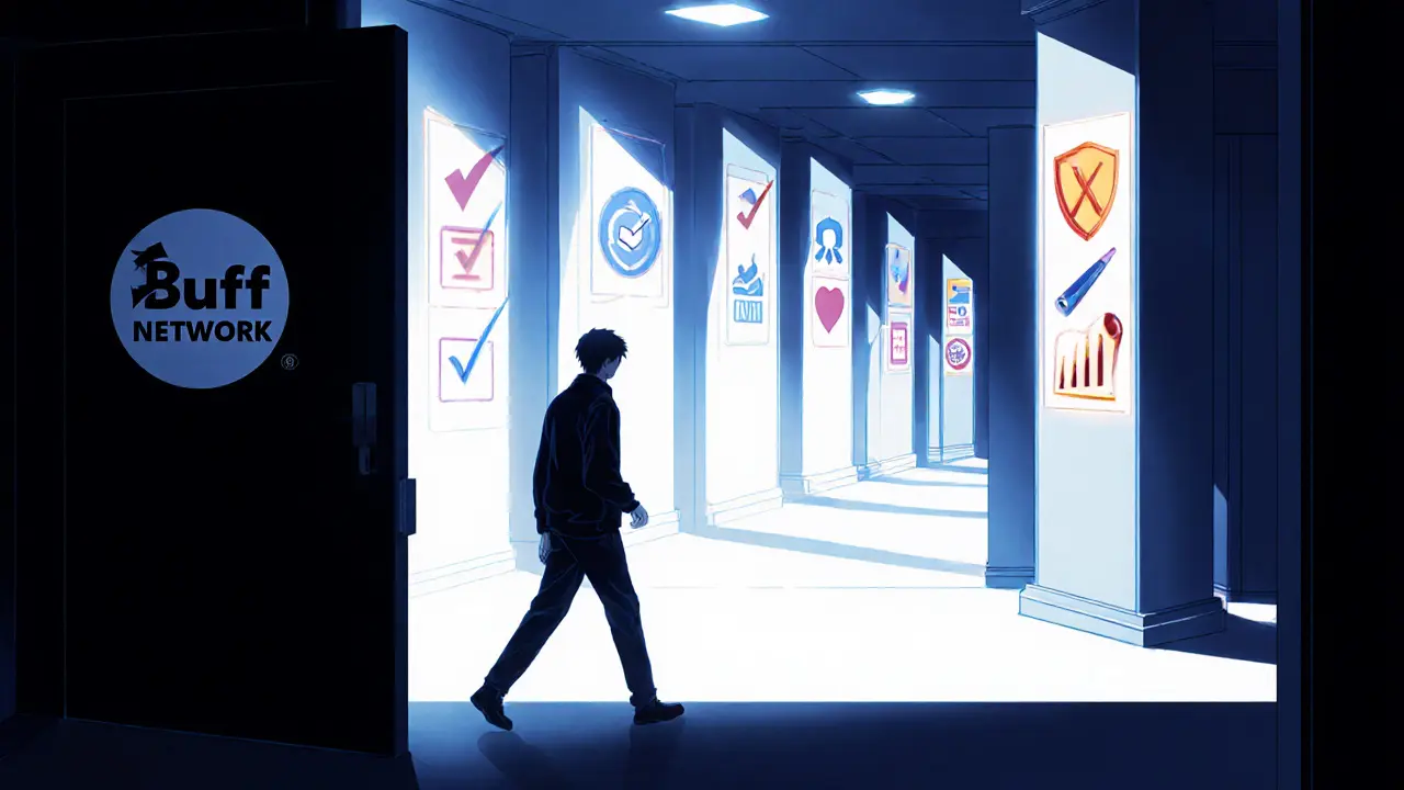 User walks from a dark doorway into a bright hallway filled with safety symbols.