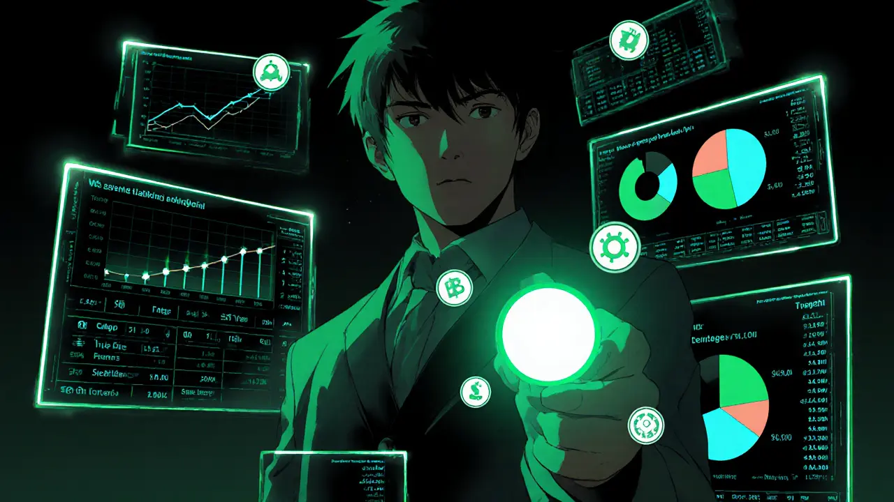 Analyst monitoring on‑chain graphs and adjusting asset allocations with a glowing lever.
