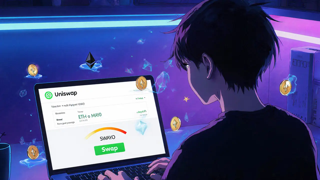Anime character swapping ETH for MAYO tokens on a laptop screen in a neon bedroom.