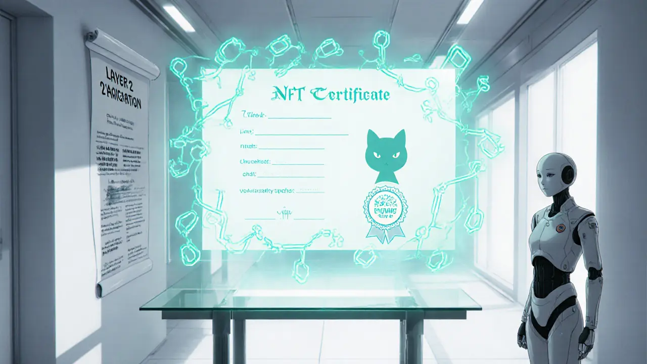 Anime futuristic clinic with holographic NFT pet vaccination certificate above a glass table.