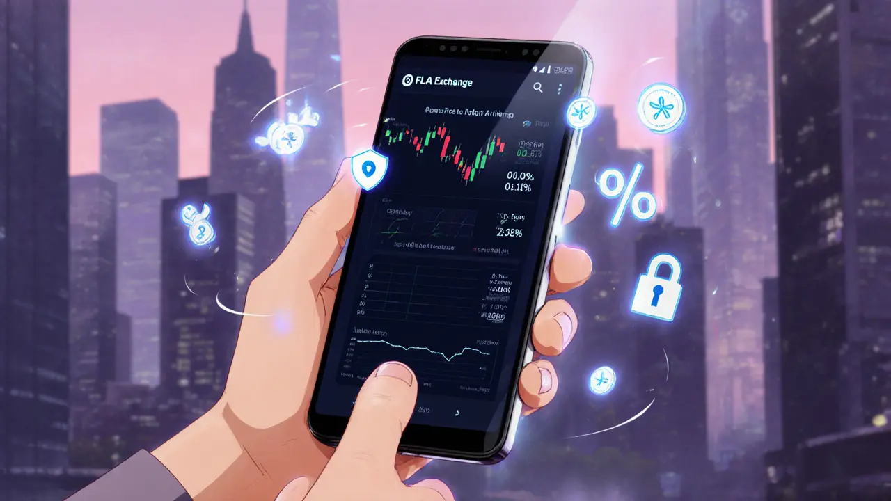 Hands holding a phone showing FLATA app with chart and security icons.