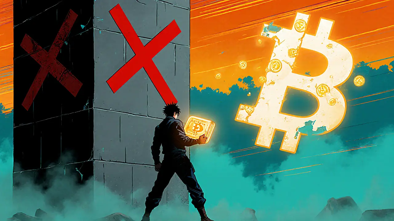 Heroic figure pulling crypto from a broken HomiEx logo, ready to report the scam.