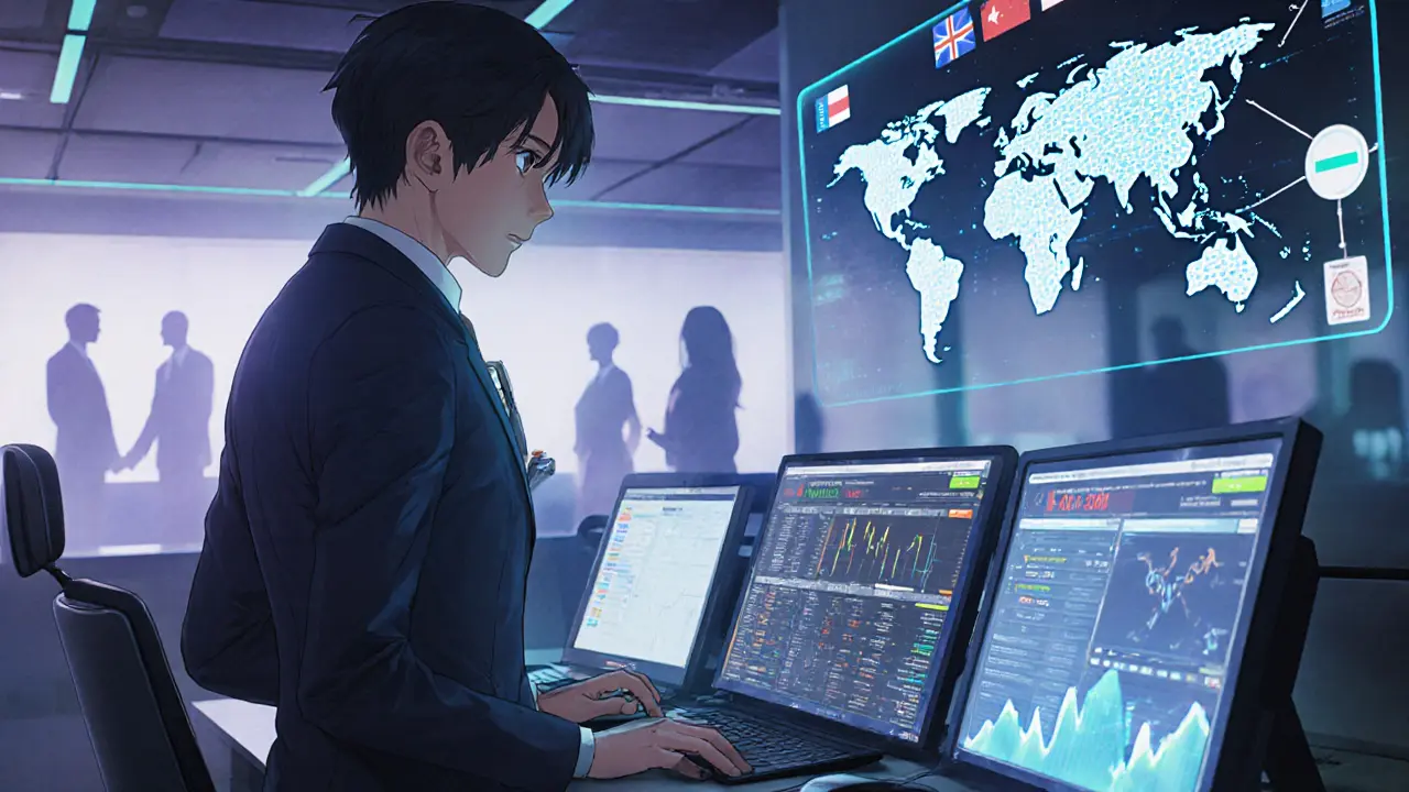Manga compliance officer monitoring holographic screens for mixer transaction patterns.