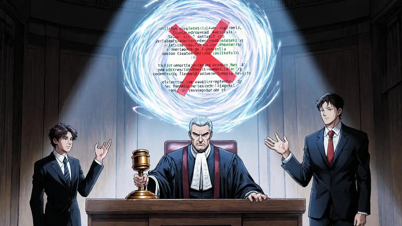 Manga courtroom showing a judge rejecting sanctions on a smart‑contract code diagram.