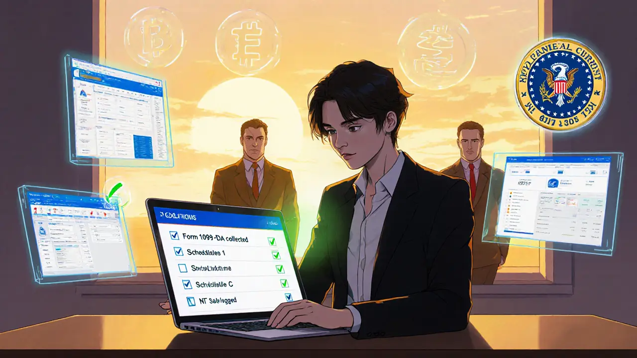 Manga figure checking off crypto tax compliance items on a laptop.