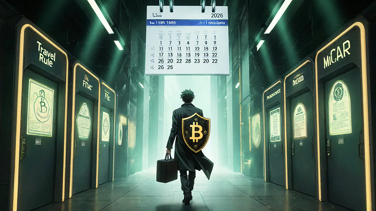 Manga hero navigating glowing compliance checkpoints with a blockchain shield and calendar.