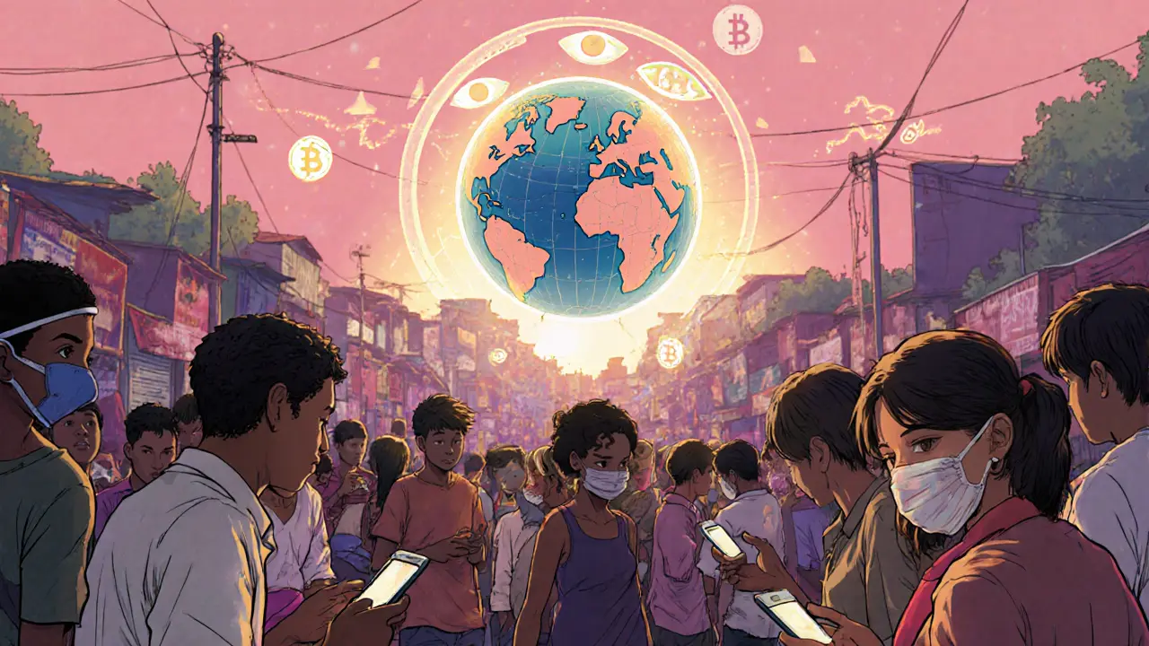 Manga scene of global P2P crypto growth in a market.