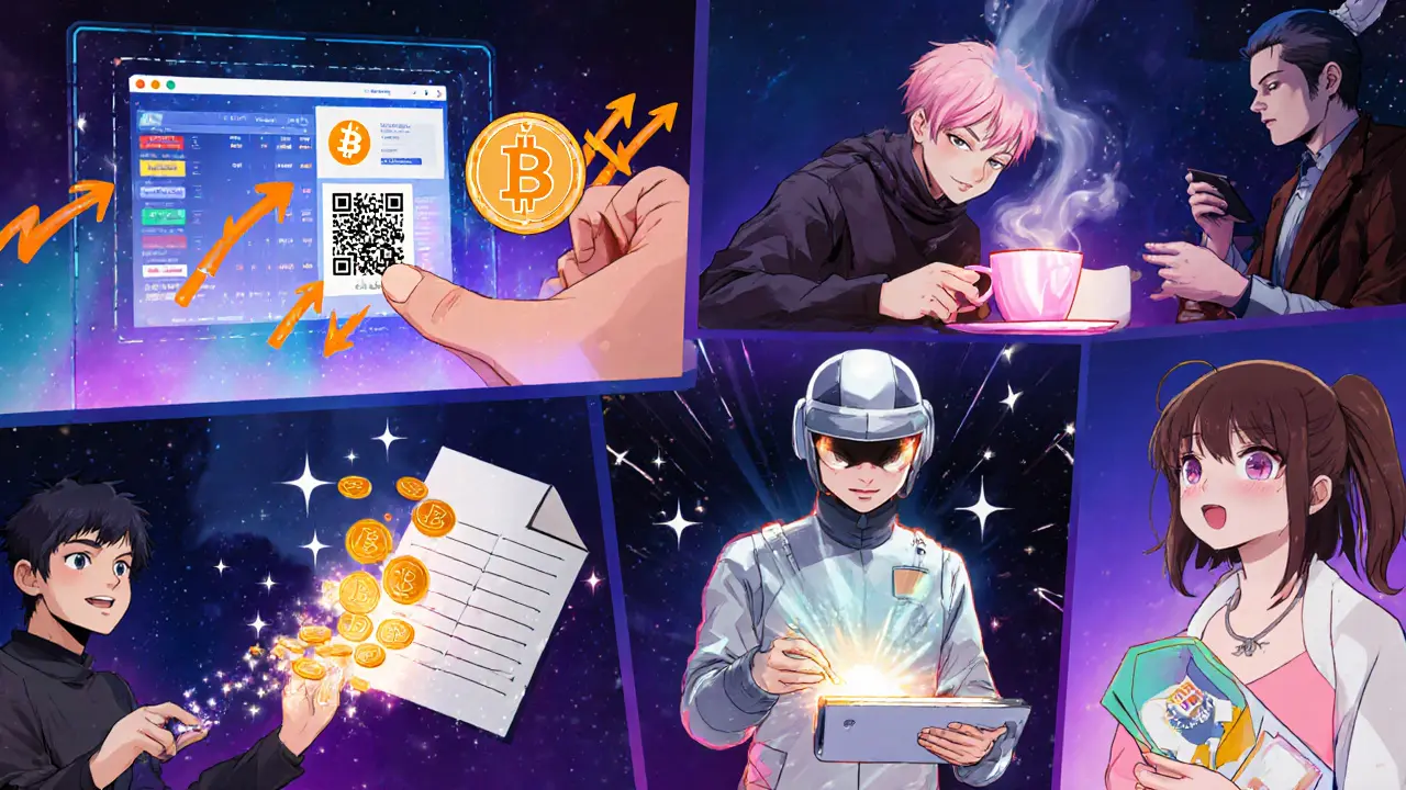 Manga split panel showing crypto swap, payment, staking, NFT minting, and gifting.