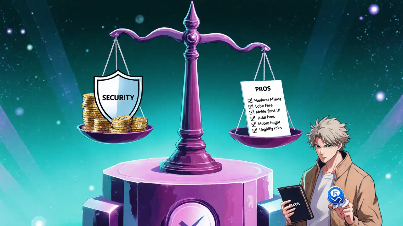 Scale balancing security and fees with a person holding a hardware wallet.