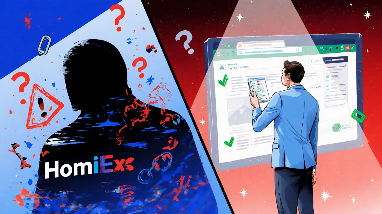 Side‑by‑side manga panels contrasting shady HomiEx with trustworthy Binance.