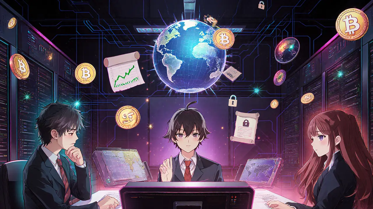Team of characters representing different diversification pillars in a futuristic control room.