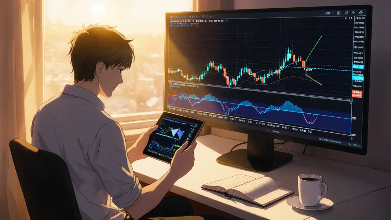 A calm trader watching a bull flag pattern at sunrise, representing patient swing trading with a journal nearby.