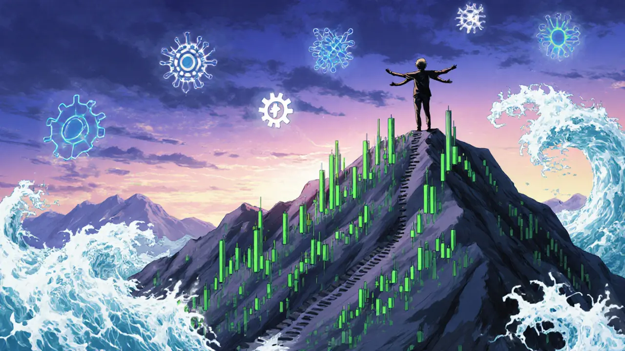 A figure standing on a wave of green candles with AI icons, symbolizing the power of trend following in trading.
