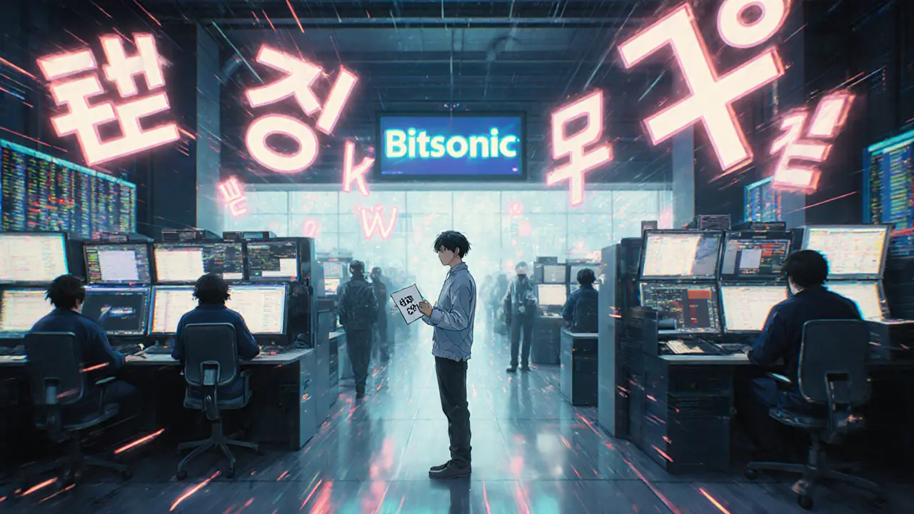 A foreign visitor overwhelmed by Korean text in a Seoul crypto trading room.